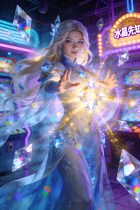 魔鬼城电玩城角色‘水晶先知’优雅施法姿态，周身环绕着魔法水晶与治疗光辉
