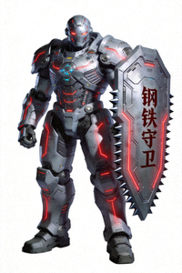 魔鬼城电玩城角色‘钢铁守卫’全身立绘，身穿重型机械装甲，手持巨盾